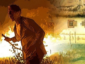 Чоловік на фоні пожежи